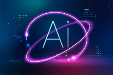 The letters "AI" are centered within a glowing neon ring against a dark blue and pink digital background.