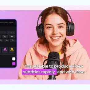 A smiling young woman wearing headphones and a peach hoodie speaks into a microphone. On-screen text editing settings and subtitle examples are visible, highlighting easy video subtitle production.
