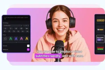 A smiling young woman wearing headphones and a peach hoodie speaks into a microphone. On-screen text editing settings and subtitle examples are visible, highlighting easy video subtitle production.
