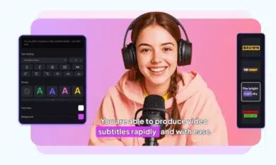 A smiling young woman wearing headphones and a peach hoodie speaks into a microphone. On-screen text editing settings and subtitle examples are visible, highlighting easy video subtitle production.