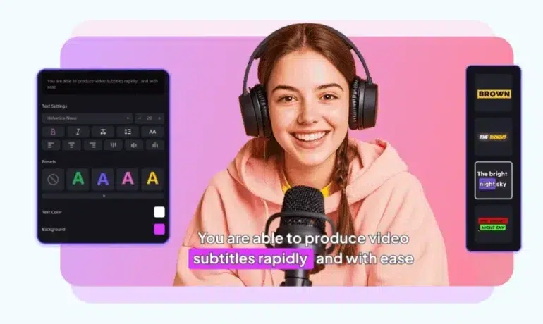 A smiling young woman wearing headphones and a peach hoodie speaks into a microphone. On-screen text editing settings and subtitle examples are visible, highlighting easy video subtitle production.