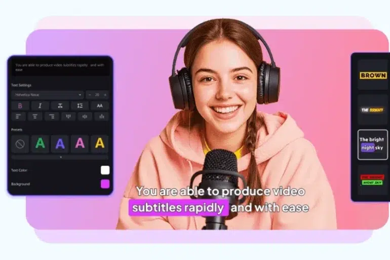 A smiling young woman wearing headphones and a peach hoodie speaks into a microphone. On-screen text editing settings and subtitle examples are visible, highlighting easy video subtitle production.