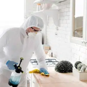 A person in full protective gear including a white hazmat suit, hood, face mask, and goggles wipes down a kitchen counter with a yellow cloth while holding a spray bottle filled with blue liquid.