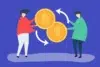 Two figures exchange a Bitcoin and a dollar coin, with arrows indicating a transaction.
