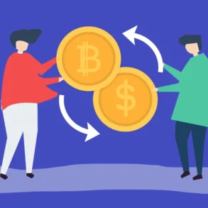 Two figures exchange a Bitcoin and a dollar coin, with arrows indicating a transaction.