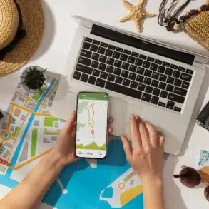 A person planning a trip with a laptop, smartphone with a map, paper maps, camera, hat, and sunglasses on a table. Mood is adventurous and organized.
