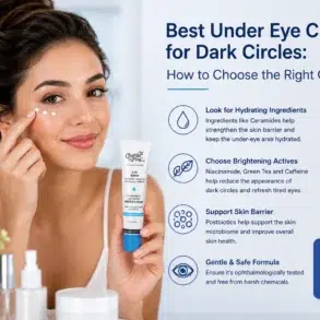 Infographic detailing how to choose the best under-eye cream for dark circles, featuring a woman applying eye cream and text explaining key ingredients.