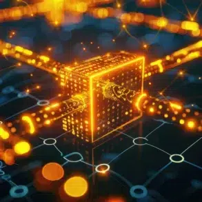 Abstract glowing orange digital cube connected by luminous data streams on a dark grid background.