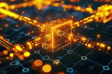 Abstract glowing orange digital cube connected by luminous data streams on a dark grid background.