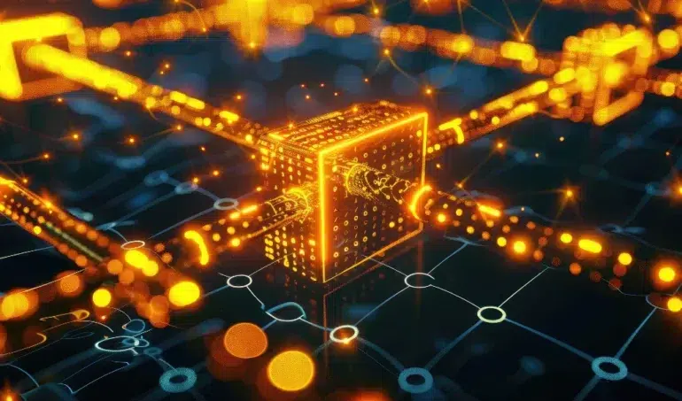 Abstract glowing orange digital cube connected by luminous data streams on a dark grid background.