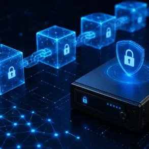 A digital illustration showcasing blockchain technology with linked cubes and padlocks. A secure server, glowing with a lock symbol, emphasizes data security.