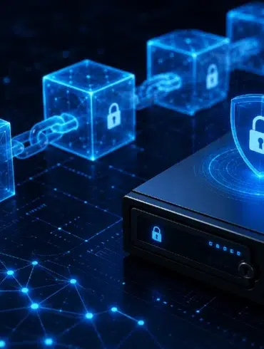 A digital illustration showcasing blockchain technology with linked cubes and padlocks. A secure server, glowing with a lock symbol, emphasizes data security.