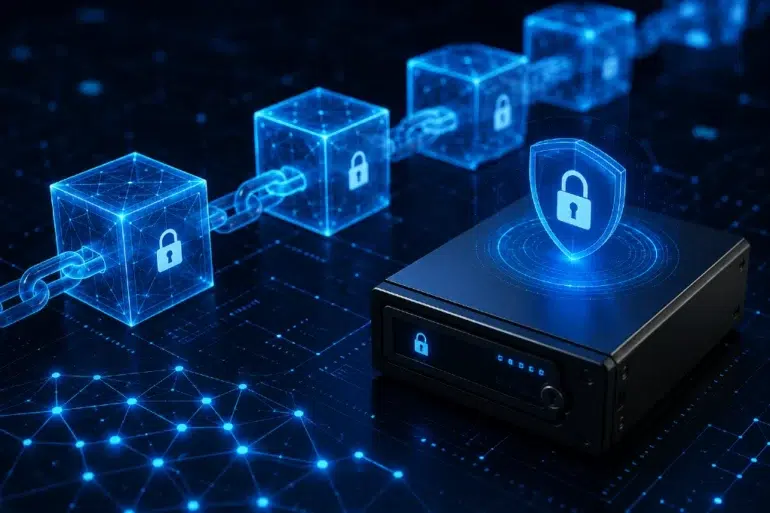 A digital illustration showcasing blockchain technology with linked cubes and padlocks. A secure server, glowing with a lock symbol, emphasizes data security.