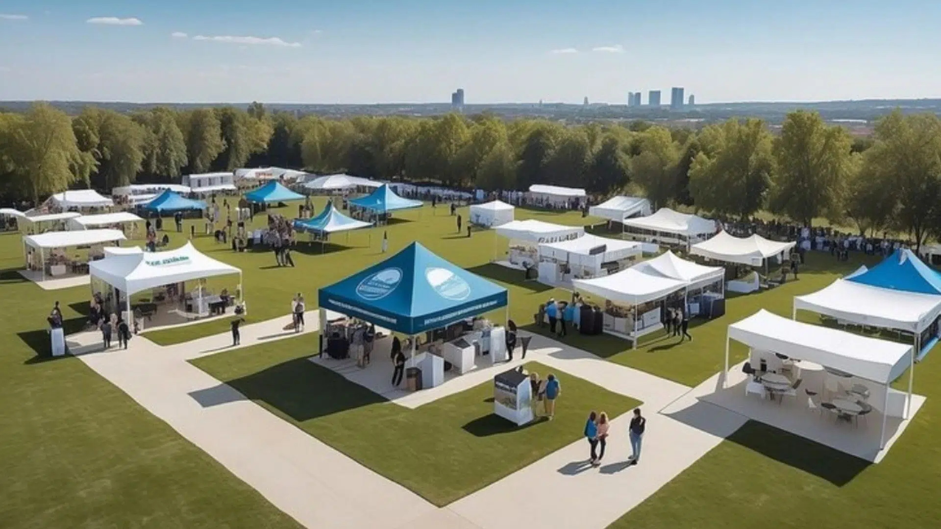 Outdoor event with white and blue tents on a grassy area, surrounded by trees. People walk and interact under a clear sky with distant city buildings.