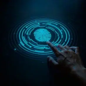 A finger touches a glowing blue fingerprint scanner on a dark background.