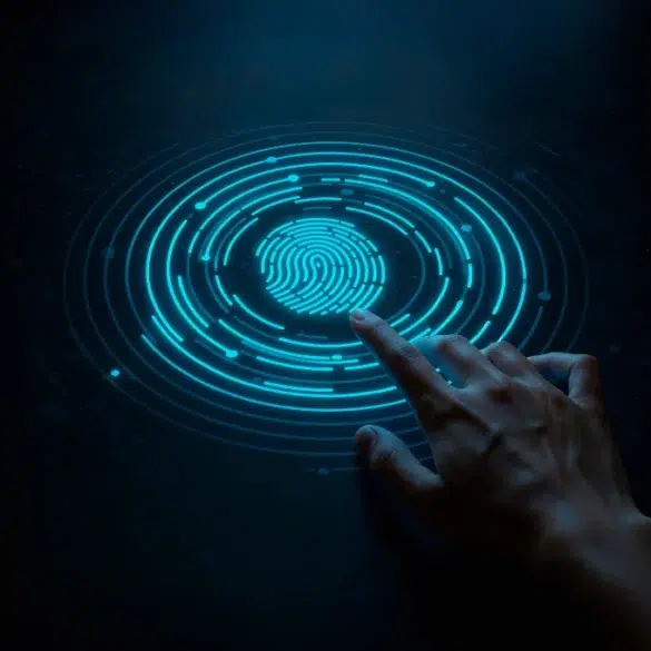 A finger touches a glowing blue fingerprint scanner on a dark background.