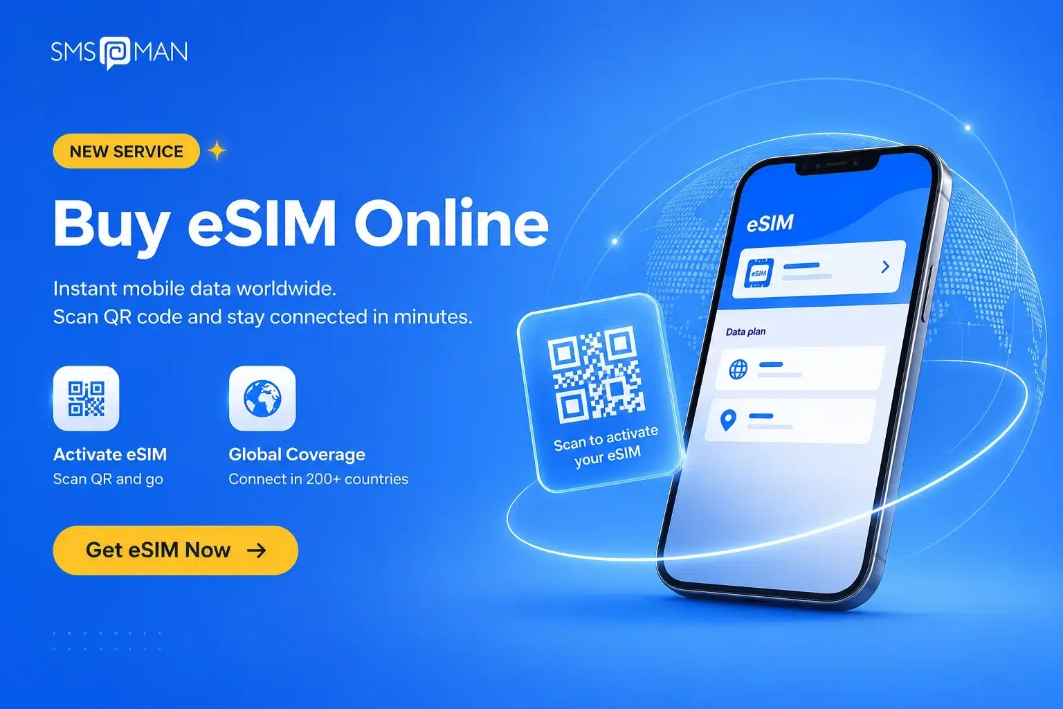 Advertisement for SMSMAN's new eSIM service, showing a smartphone with an eSIM interface, a QR code, and icons for activation and global coverage.