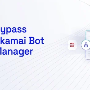 Graphic with text "Bypass Akamai Bot Manager" and cybersecurity icons including a lock.