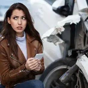 Worried woman holding a smartphone next to a heavily damaged car.