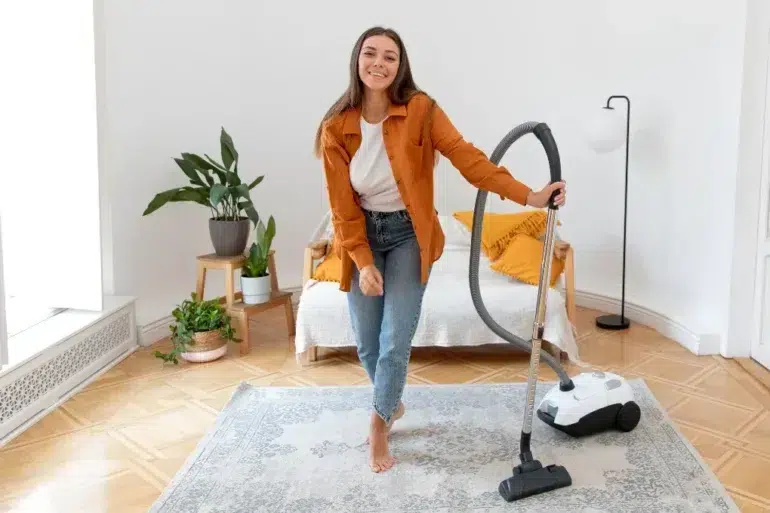 Young woman in jeans and an orange shirt vacuums a patterned rug in a bright, plant-filled room.