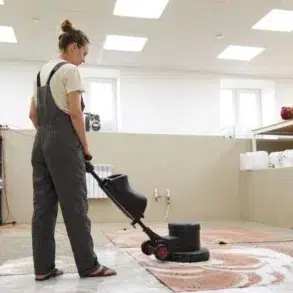 Woman in overalls operates a floor buffer on a rug in a cleaning facility.