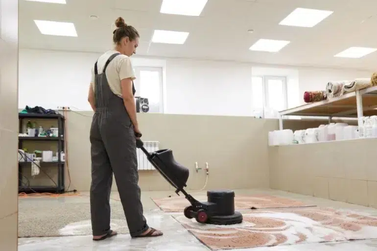 Woman in overalls operates a floor buffer on a rug in a cleaning facility.
