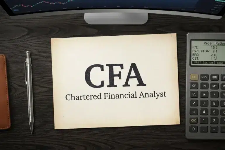 A desk with a paper reading "CFA Chartered Financial Analyst," a calculator, a pen, and a computer monitor displaying a stock chart.