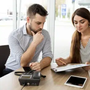 Man and woman discussing documents at a desk with a phone and tablet.