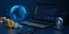 A laptop displays financial charts next to cryptocurrency coins, a glowing globe, and a security shield.