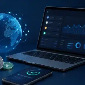 A laptop displays financial charts next to cryptocurrency coins, a glowing globe, and a security shield.