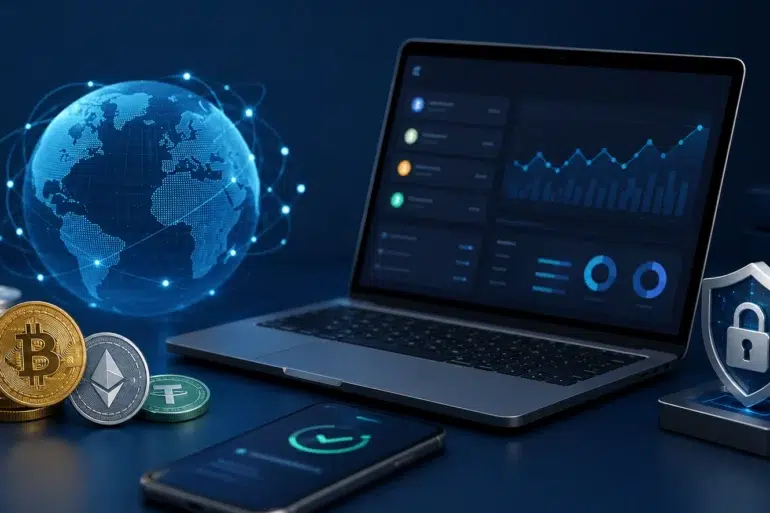 A laptop displays financial charts next to cryptocurrency coins, a glowing globe, and a security shield.