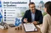 Man in suit discusses debt consolidation with a woman at a desk. Clipboard lists benefits like lower payments. Keywords: trust, flexible solutions.