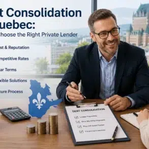 Man in suit discusses debt consolidation with a woman at a desk. Clipboard lists benefits like lower payments. Keywords: trust, flexible solutions.