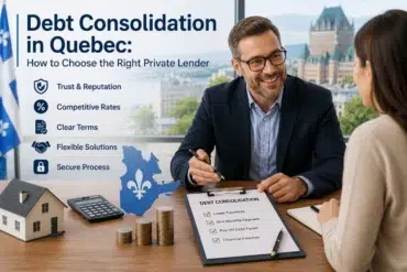 Man in suit discusses debt consolidation with a woman at a desk. Clipboard lists benefits like lower payments. Keywords: trust, flexible solutions.