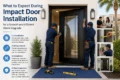 Two installers are fitting a new black impact door into a home's entrance, with surrounding insets showing consultation, measurement, and installation steps.