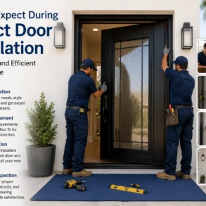 Two installers are fitting a new black impact door into a home's entrance, with surrounding insets showing consultation, measurement, and installation steps.