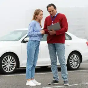 A driving instructor and a student review notes beside a parked white car. Orange traffic cones are in the background. They appear focused and engaged.