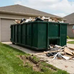 A man stands next to a large green dumpster filled with construction debris in front of a garage.