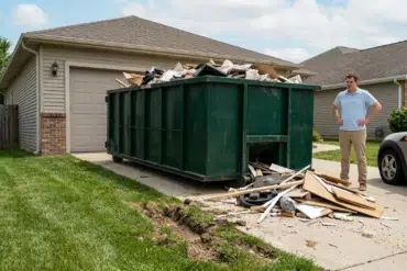 A man stands next to a large green dumpster filled with construction debris in front of a garage.