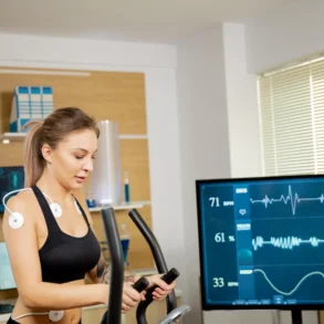 Woman exercising on an elliptical trainer with electrodes attached to her chest, monitored by multiple screens displaying vital signs and ECG readings.