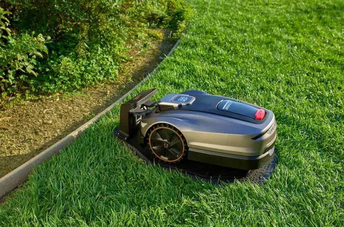 A robotic lawn mower sits on a neatly trimmed green lawn next to a garden bed.