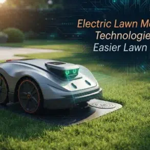A silver robotic lawn mower with green lights sits on a charging station in a manicured yard, with text overlaying the image.