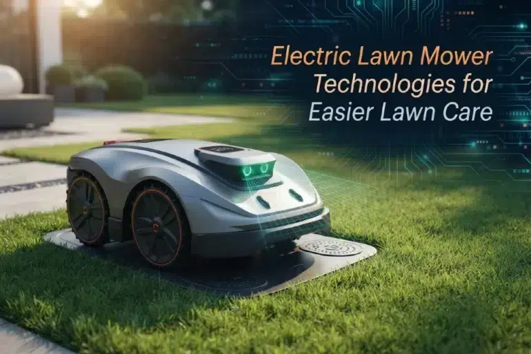 A silver robotic lawn mower with green lights sits on a charging station in a manicured yard, with text overlaying the image.