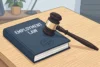 A gavel rests on a book titled "Employment Law" placed on a wooden desk.