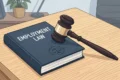 A gavel rests on a book titled "Employment Law" placed on a wooden desk.