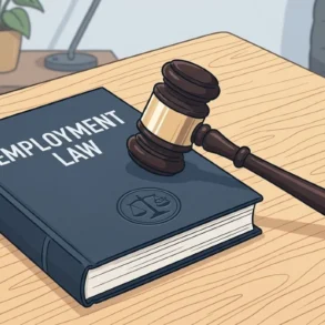 A gavel rests on a book titled "Employment Law" placed on a wooden desk.