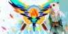 Stylized white parrot with colorful abstract background and a flaming torch.