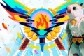 Stylized white parrot with colorful abstract background and a flaming torch.