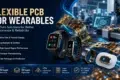 Promotional graphic for flexible PCBs for wearables, showcasing a flexible circuit board curving past various wearable devices like smartwatches and fitness trackers against a factory background.