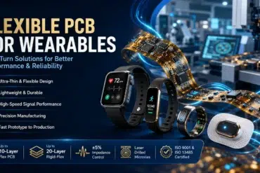 Promotional graphic for flexible PCBs for wearables, showcasing a flexible circuit board curving past various wearable devices like smartwatches and fitness trackers against a factory background.